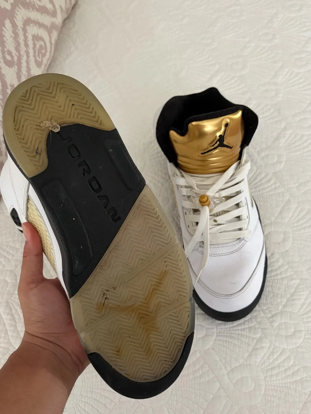 Jordan White and Gold Retro High-Top Sneakers